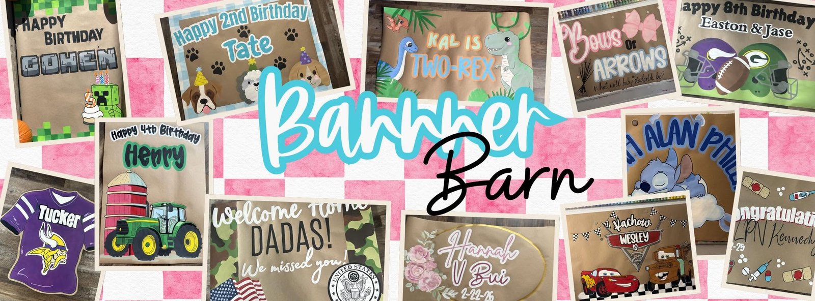 Collage of hand-painted birthday, celebration, welcome home, and milestone banners by Banner Barn